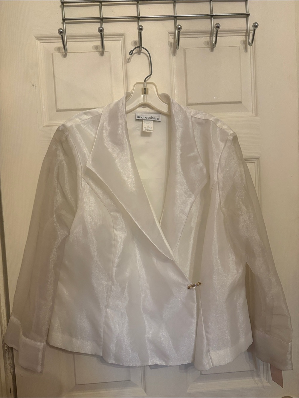 dressbarn Shimmery White Satin Blazer with Decorative Closure